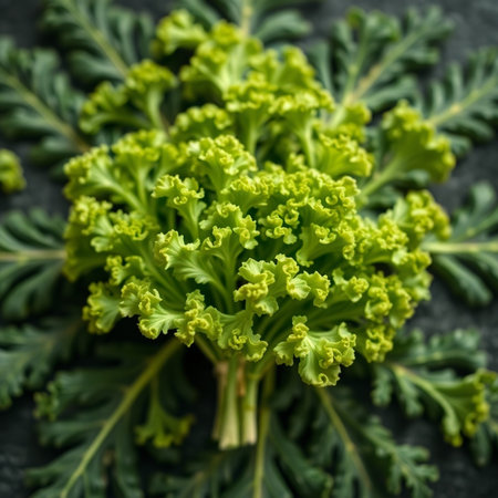 Fresh green curly kale leaves on dark background, top view, close upの素材