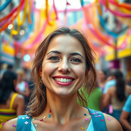 Portrait of a beautiful young woman smiling at the camera in the streetの素材