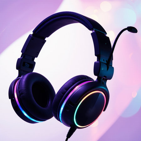 Headphones with blue light on a white background. Music concept.の素材