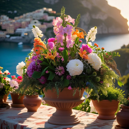 Flower arrangement in a vase on the terrace with sea view.の素材