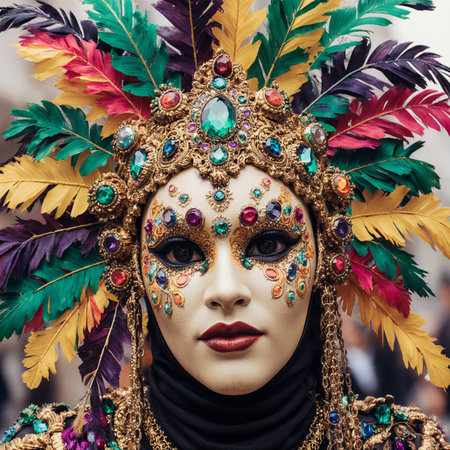 Portrait of a beautiful woman in a carnival mask with feathersの素材
