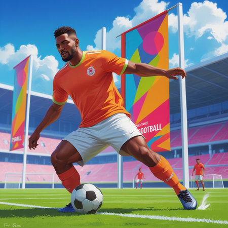 Soccer player in action on the field of stadium under blue skyの素材