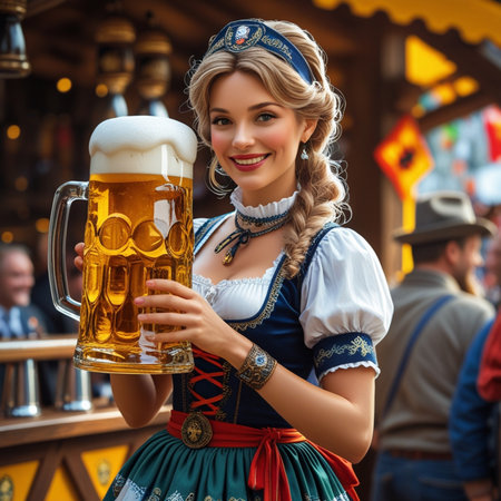Beautiful young woman in dirndl drinks beer at the oktoberfestの素材