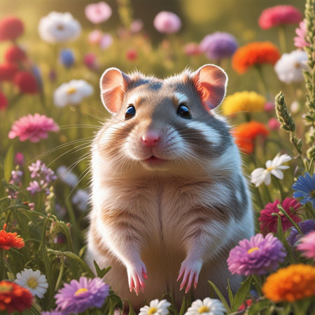 Hamster in the meadow of flowers. Cute pet.の素材