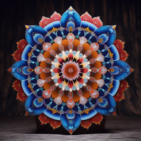 Beautiful mandala in blue and orange colors on a dark backgroundの素材