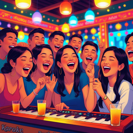 Group of happy young people having fun at night club. Vector illustrationの素材