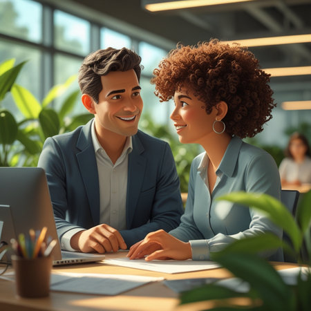 Young businessman and businesswoman working together in office. Business concept.の素材