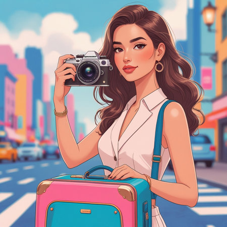 Beautiful girl tourist with a suitcase and a camera. Vector illustration.の素材