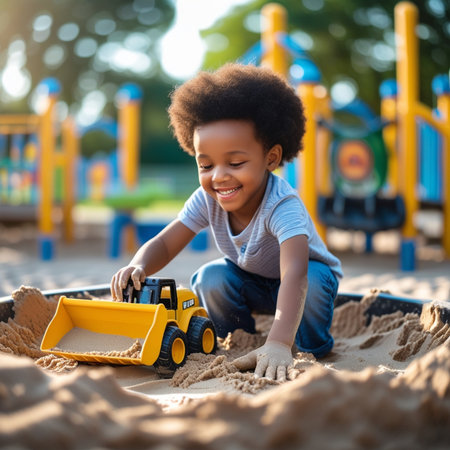 happy african american little boy playing with toy truck on playgroundの素材