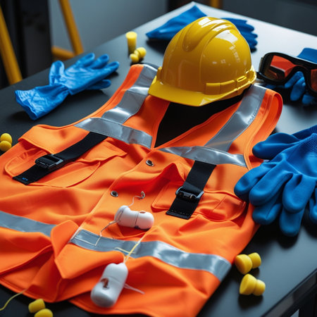 Safety equipment on black table. Safety belt, safety glasses, hard hat and gloves.の素材