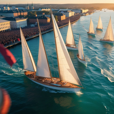 Aerial view of sailing regatta in the sea at sunset.の素材