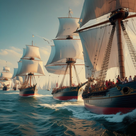 Sailing in the ships sea against blue sky. Vintage style.の素材