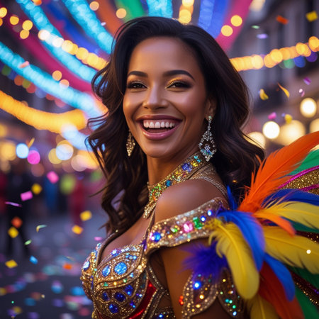 Beautiful brunette woman in carnival costume with colorful feathers.の素材