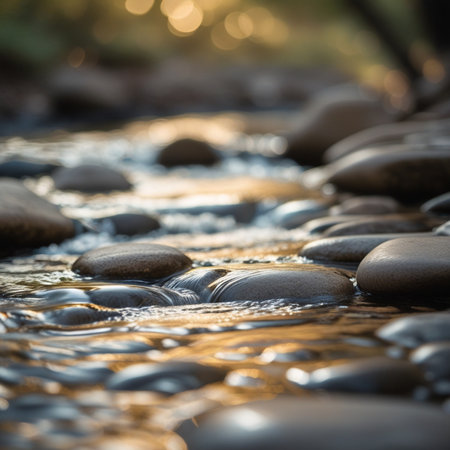 pebble stones in the river at sunset. shallow depth of fieldの素材