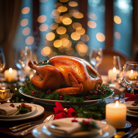 Christmas table setting with roasted turkey on festive table. Selective focus.の素材
