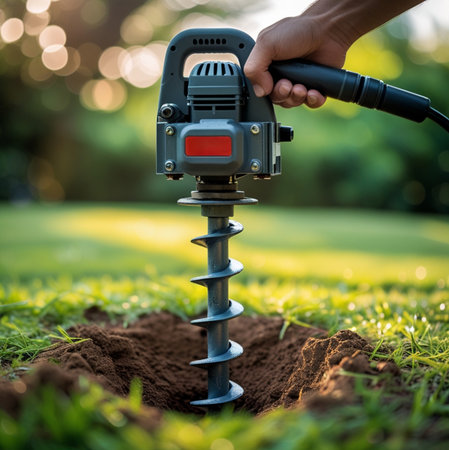 Hand of gardener drilling hole with drill machine on green grass backgroundの素材