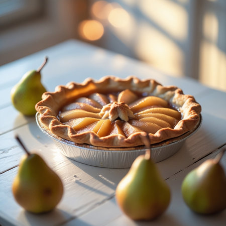 Delicious homemade pear pie on a white wooden table. Selective focus.の素材