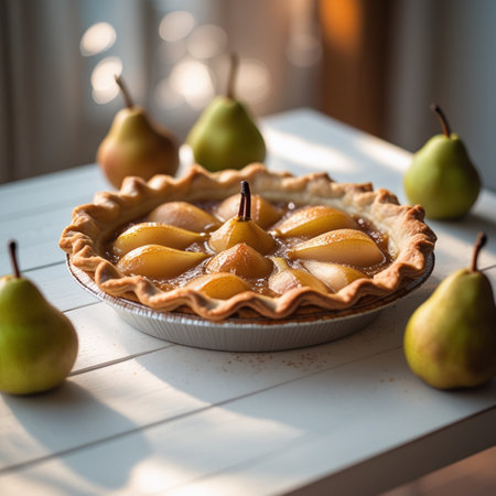 Tart with pears on a white wooden table, selective focusの素材