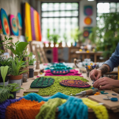 Craftsman working on a handmade crocheting in his workshopの素材