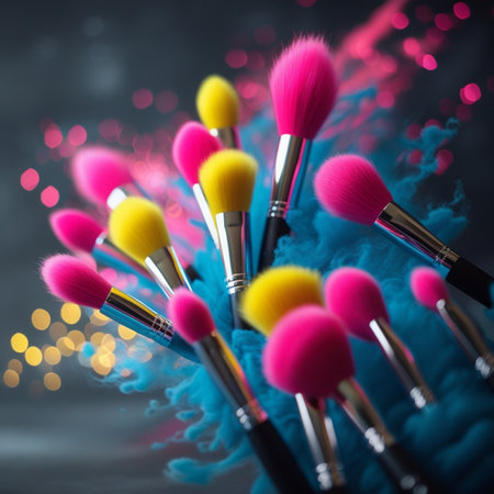 Makeup brushes on abstract colorful background with bokeh effect.の素材