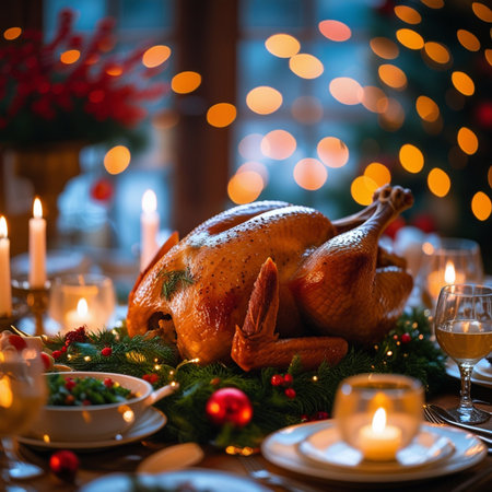 Roasted turkey or chicken on Christmas table with burning candles and Christmas decorations.の素材