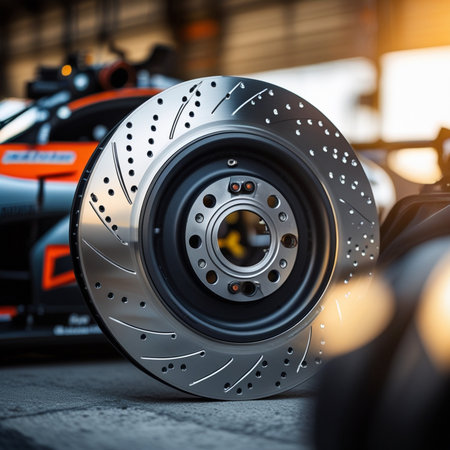 brake pads and brake discs of a sports car close up.の素材