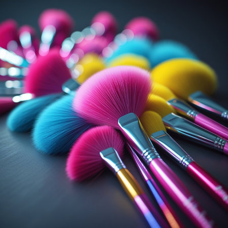Makeup brushes on black background. Shallow depth of field.の素材