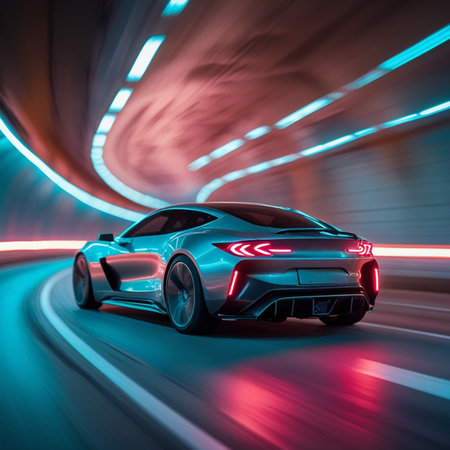 3D rendering of a brand-less generic concept car in a tunnelの素材