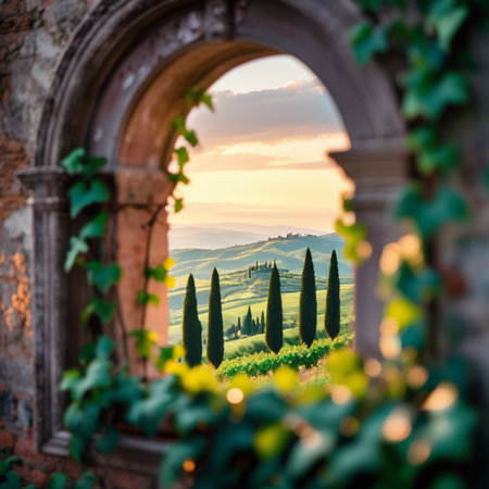 Tuscany landscape with cypresses trees at sunset, Italyの素材