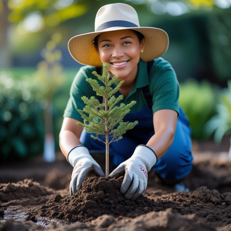 Portrait of smiling African American woman planting tree in fertile soilの素材