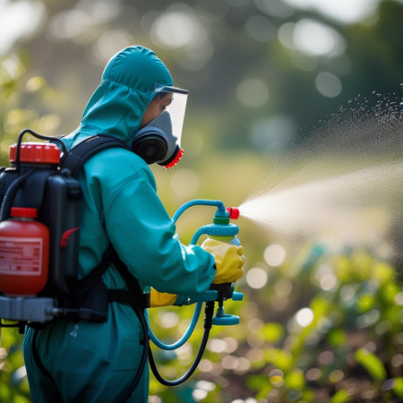 Woman spraying pesticide on vegetable garden. Sprinkler spraying pesticide on vegetable garden.の素材
