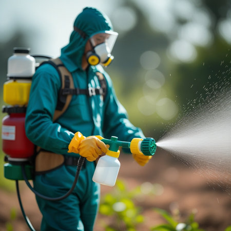 Professional gardener spraying pesticide on organic garden. Watering plants.の素材