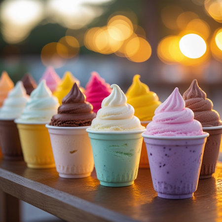 Colorful ice cream in cone on wooden table with bokeh backgroundの素材