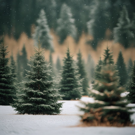 Fir trees covered with snow in winter forest. Christmas background.の素材
