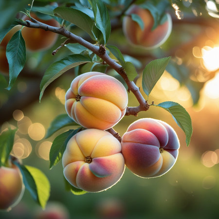 Ripe peaches on a branch in the orchard. Selective focus.の素材