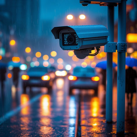 CCTV camera on the street at night with rain and traffic lights.の素材