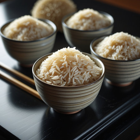 Japanese rice in a bowl with chopsticks on a black background.の素材