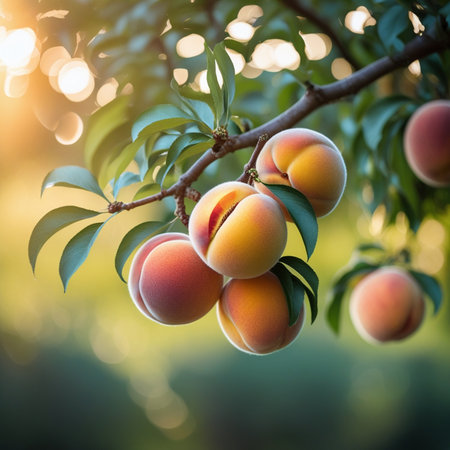 Ripe peaches on the tree in the orchard. Selective focus.の素材