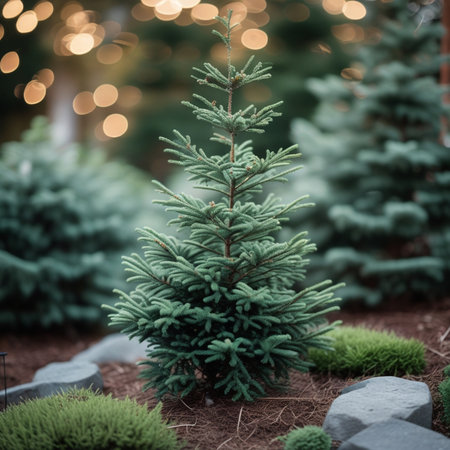 Small Christmas tree in the garden with bokeh background, vintage toneの素材