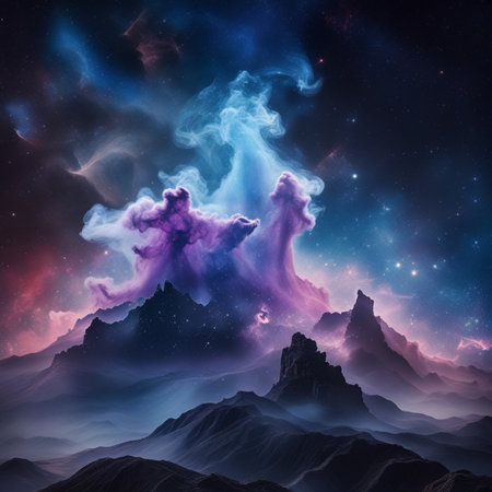 Fantasy landscape with mountains, clouds and nebula. 3D illustrationの素材