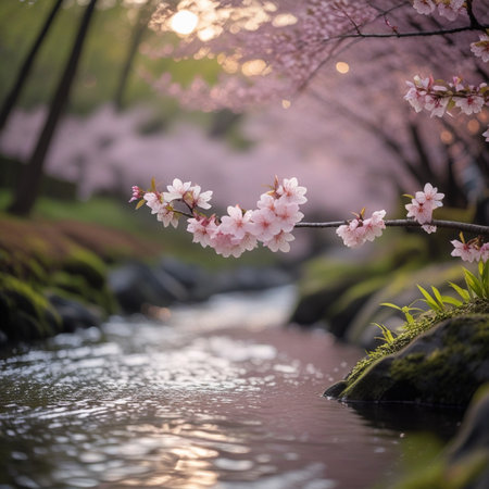 cherry blossom in Japanese garden at spring time.の素材