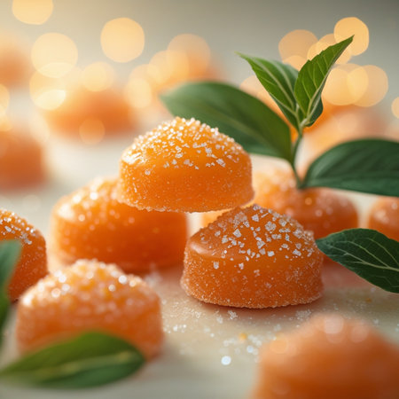 Orange candies with sugar and mint leaves on a light background.の素材