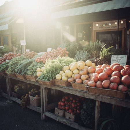 Fruits and vegetables in the market. Vintage style toned pictureの素材