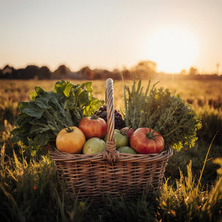 basket of fresh vegetables in the field at sunset, harvest timeの素材