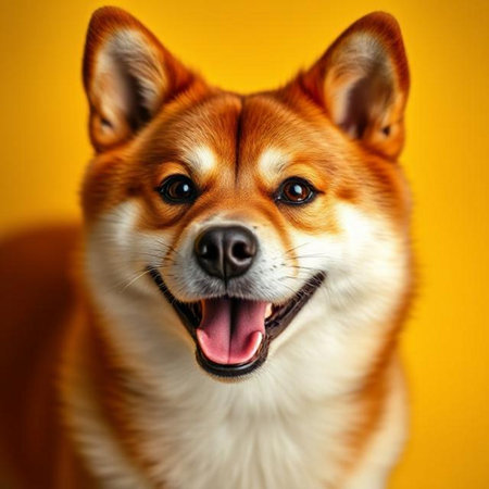 Shiba inu on a yellow background. Close-up.の素材