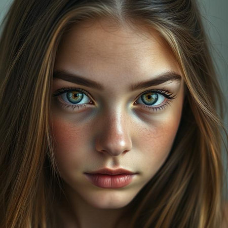 Close-up portrait of a beautiful young woman with green eyes.の素材