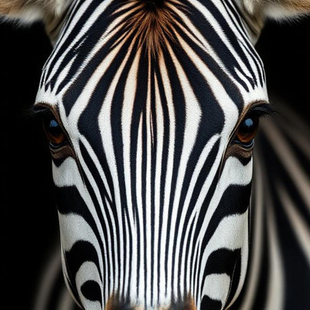 Close up of a zebra head with black and white stripes.の素材
