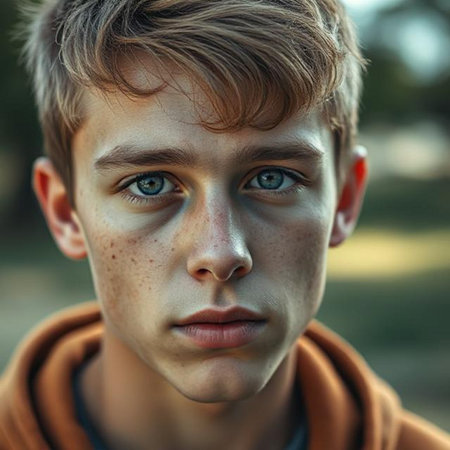 Portrait of a teenage boy with freckles on his faceの素材