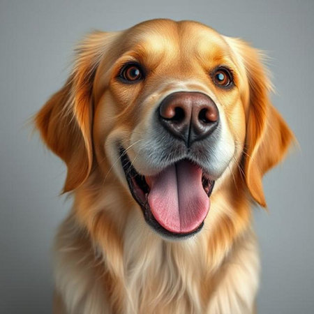 Portrait of a golden retriever dog on a gray background.の素材