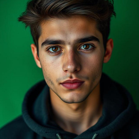 Close up portrait of a handsome young man with dark hair and green eyesの素材